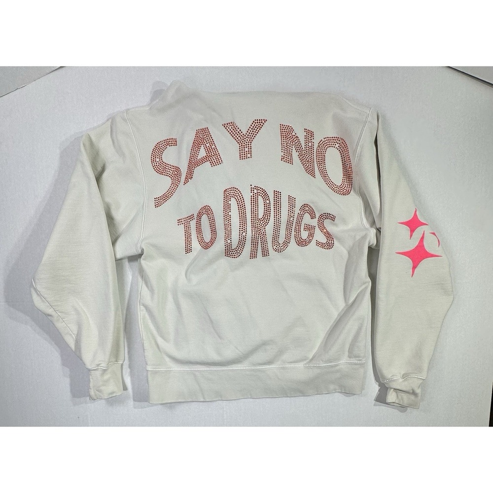Ton Nuit Say No To Drugs Hoodie M Beige Rhinestone Graphic Stars Distressed - Picture 2 of 7